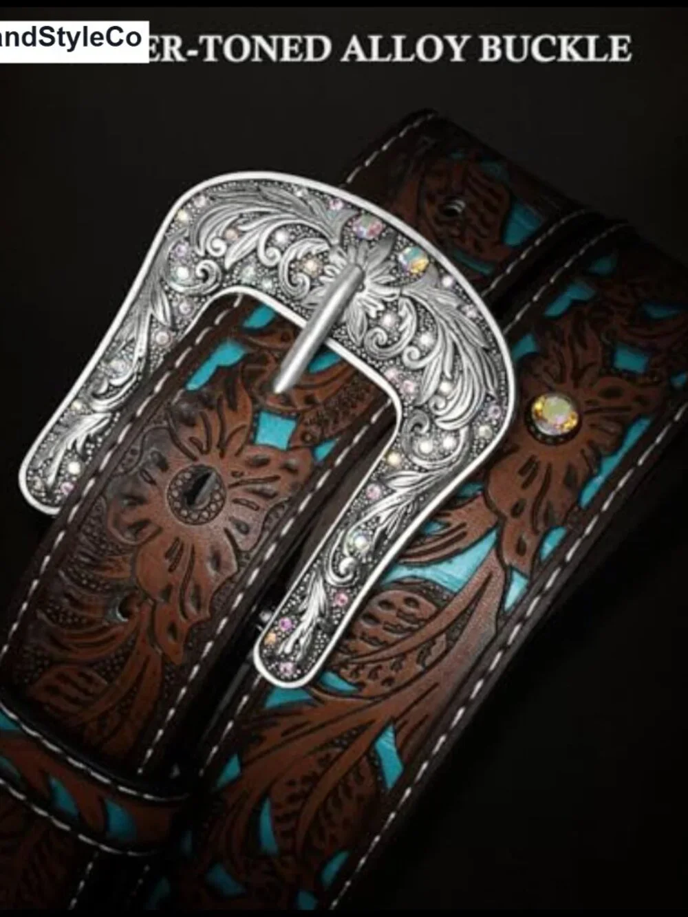 Western Belt Faux Leather Rhinestone Carved Buckle Women Men Cowgirl
